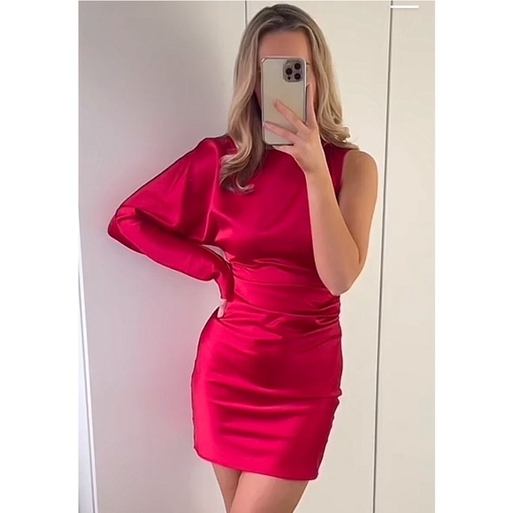 Zara | Red Satin Asymmetrical One Shoulder Mini Dress Size XS - Picture 5 of 13